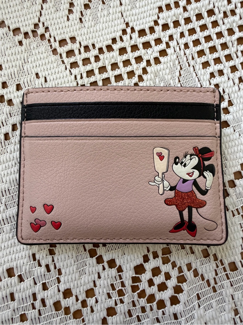Kate Spade Pink Card Holder with Minnie Mouse Graphic and Black Trim